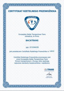 Certyfikat Rzetelny Przewoźnik - Firma transportowa Bacatrans Dębica